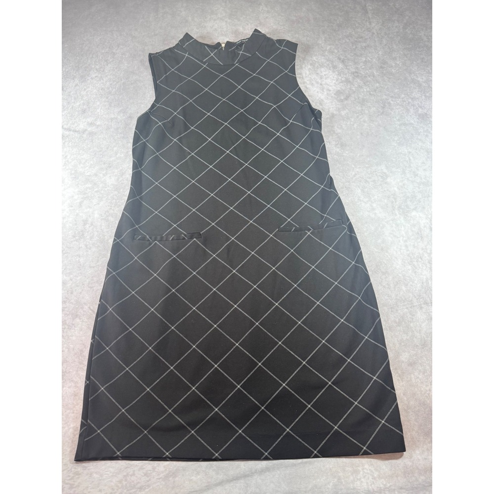 Sharagano Womens Black White Grid Windowpane Mock Neck Shift Dress Size 12